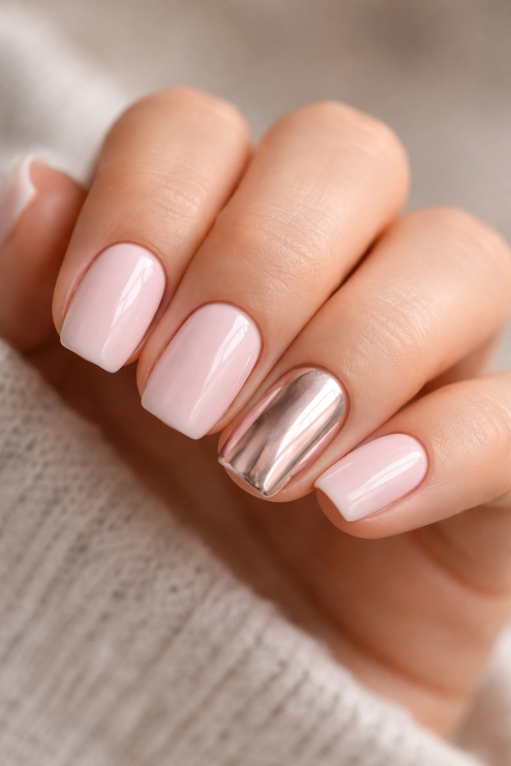 Close-up of baby pink nails with chrome accent on ring finger