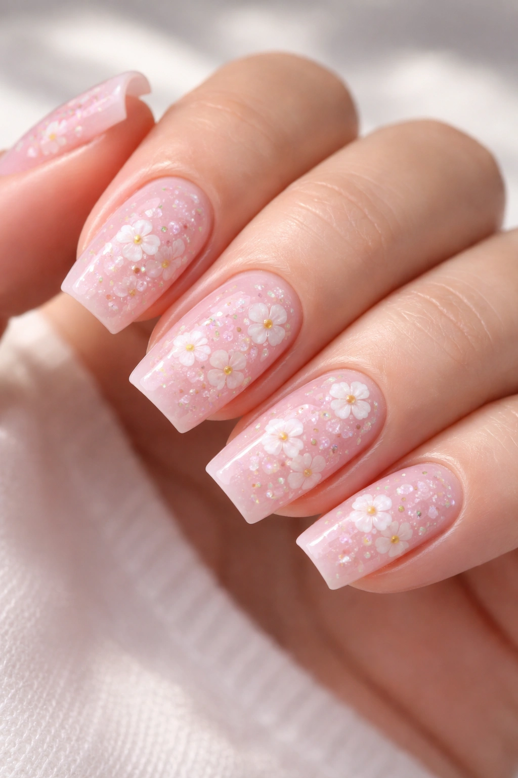 Close-up of short coffin nails in baby pink with encapsulated white flowers under clear gel
