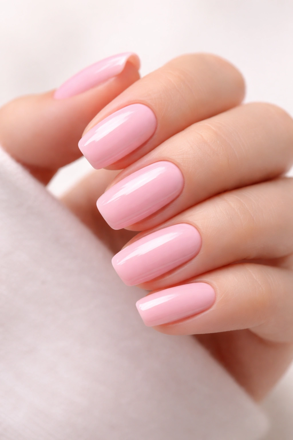 Close-up of hands showing solid baby pink nails with glossy finish