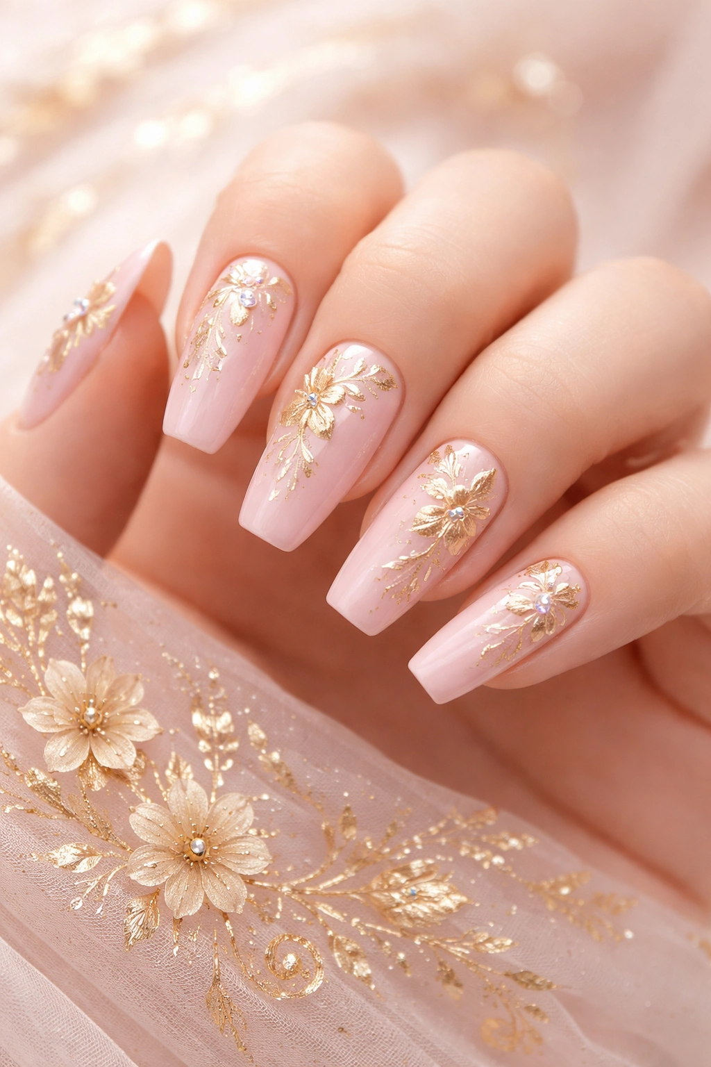 Close-up of baby pink nails with delicate gold floral designs