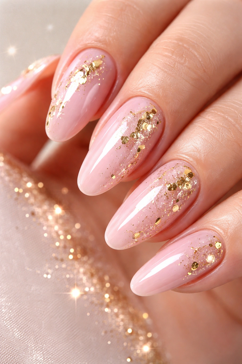 Nails with baby pink base and gold foil accents