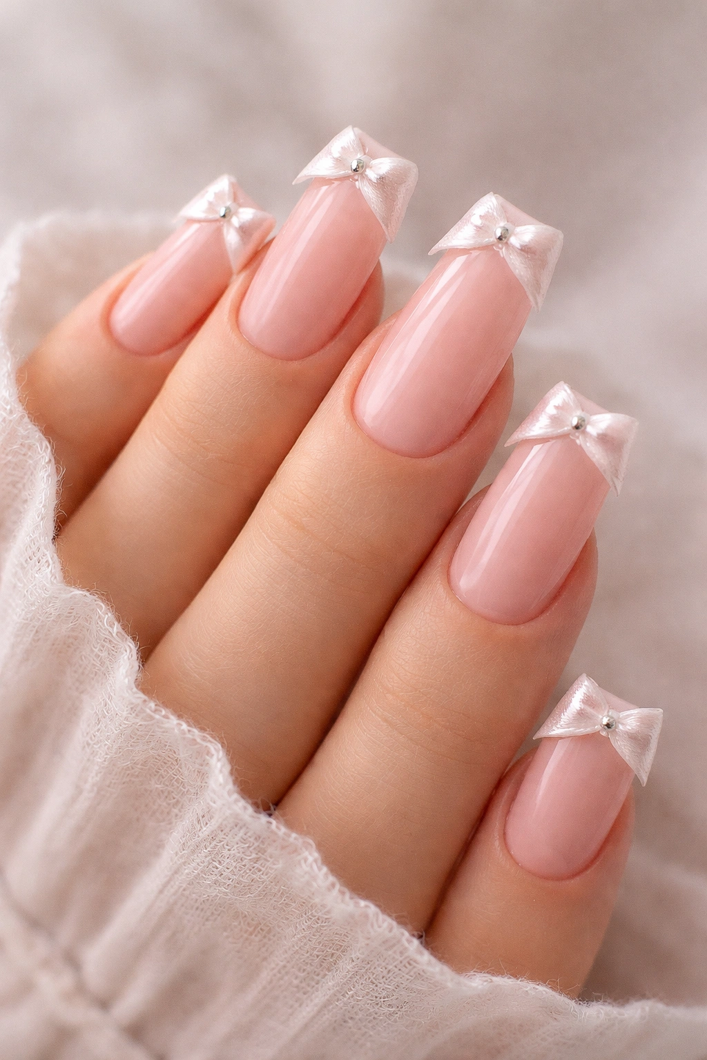 Close-up of duck nails with baby pink base and tiny white bows