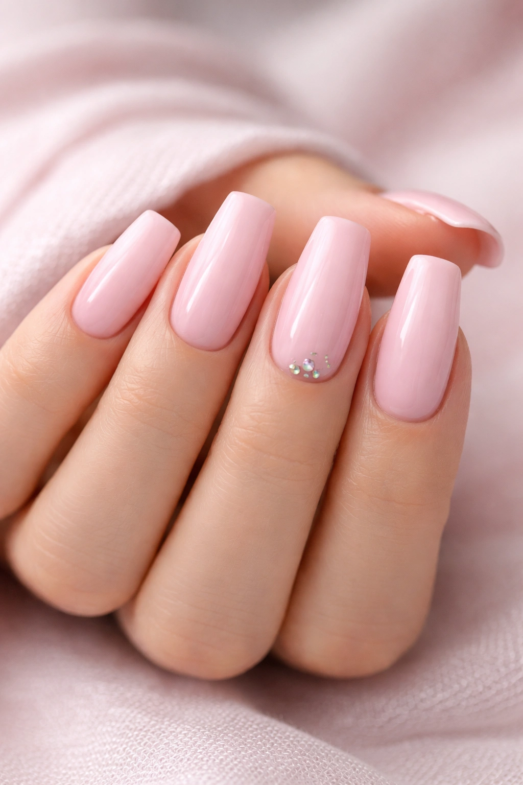 Close-up of baby pink manicure with subtle jewelry on one nail