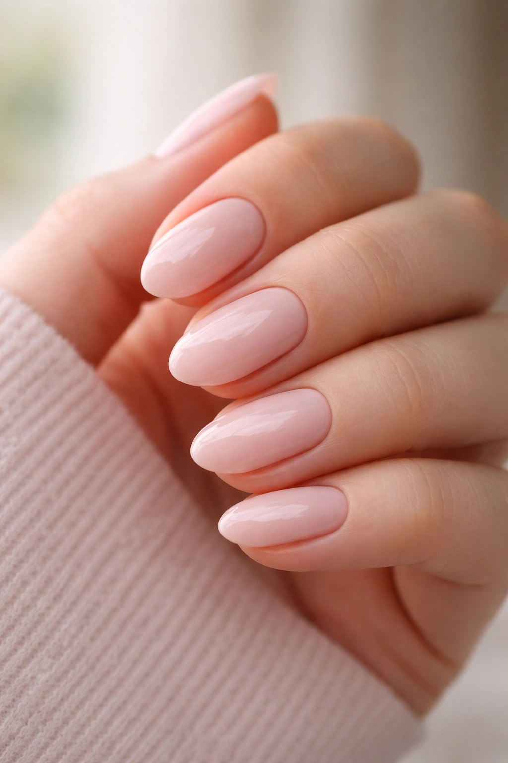 Short almond nails in pale baby pink with creamy glossy finish