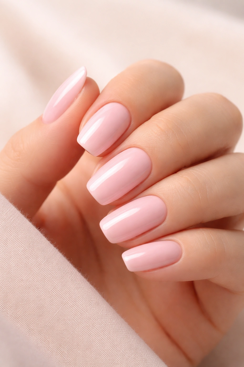 Close-up of a hand with nails painted baby pink against a neutral backdrop