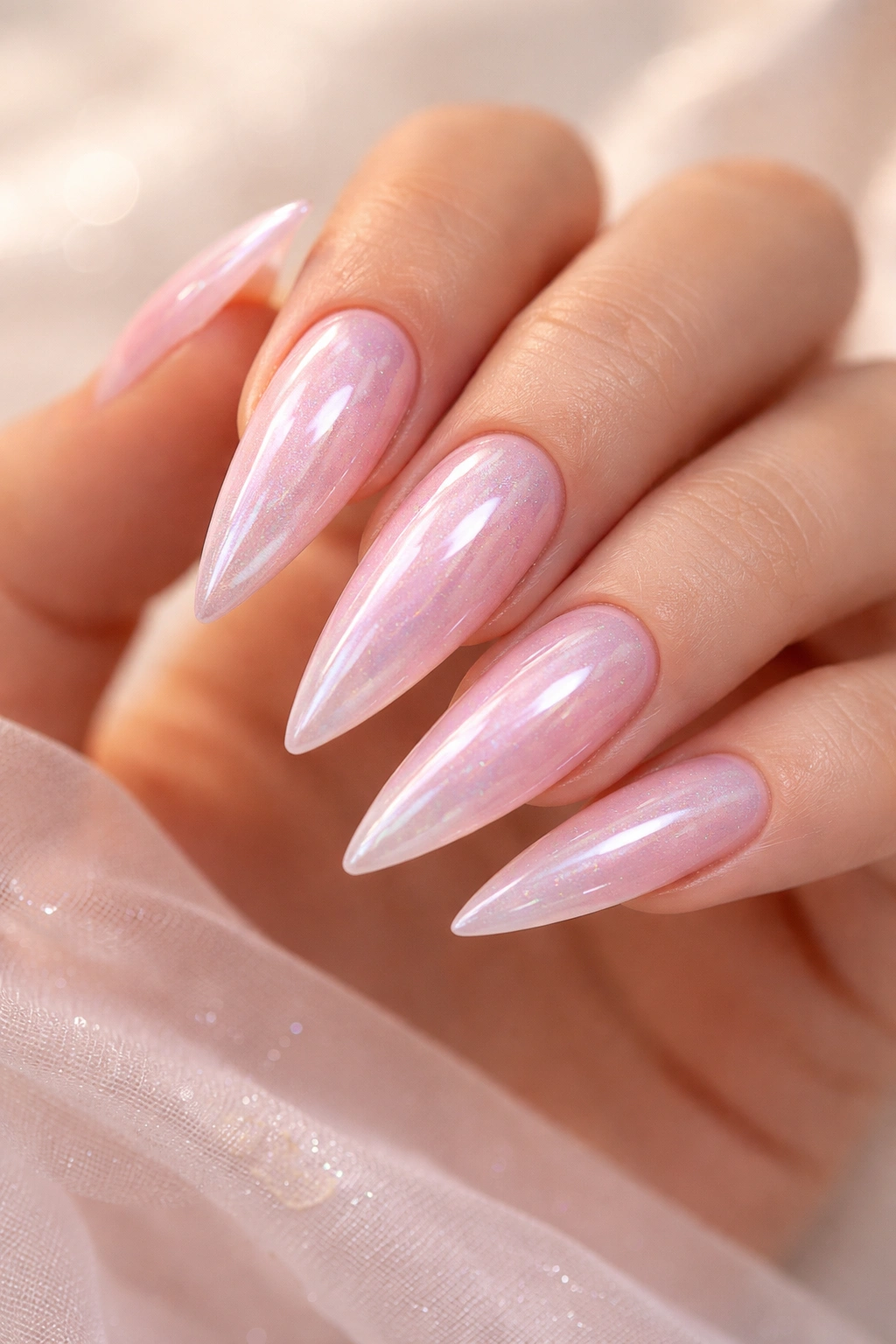 Close-up of baby pink stiletto nails with pearlescent accents on a neutral background