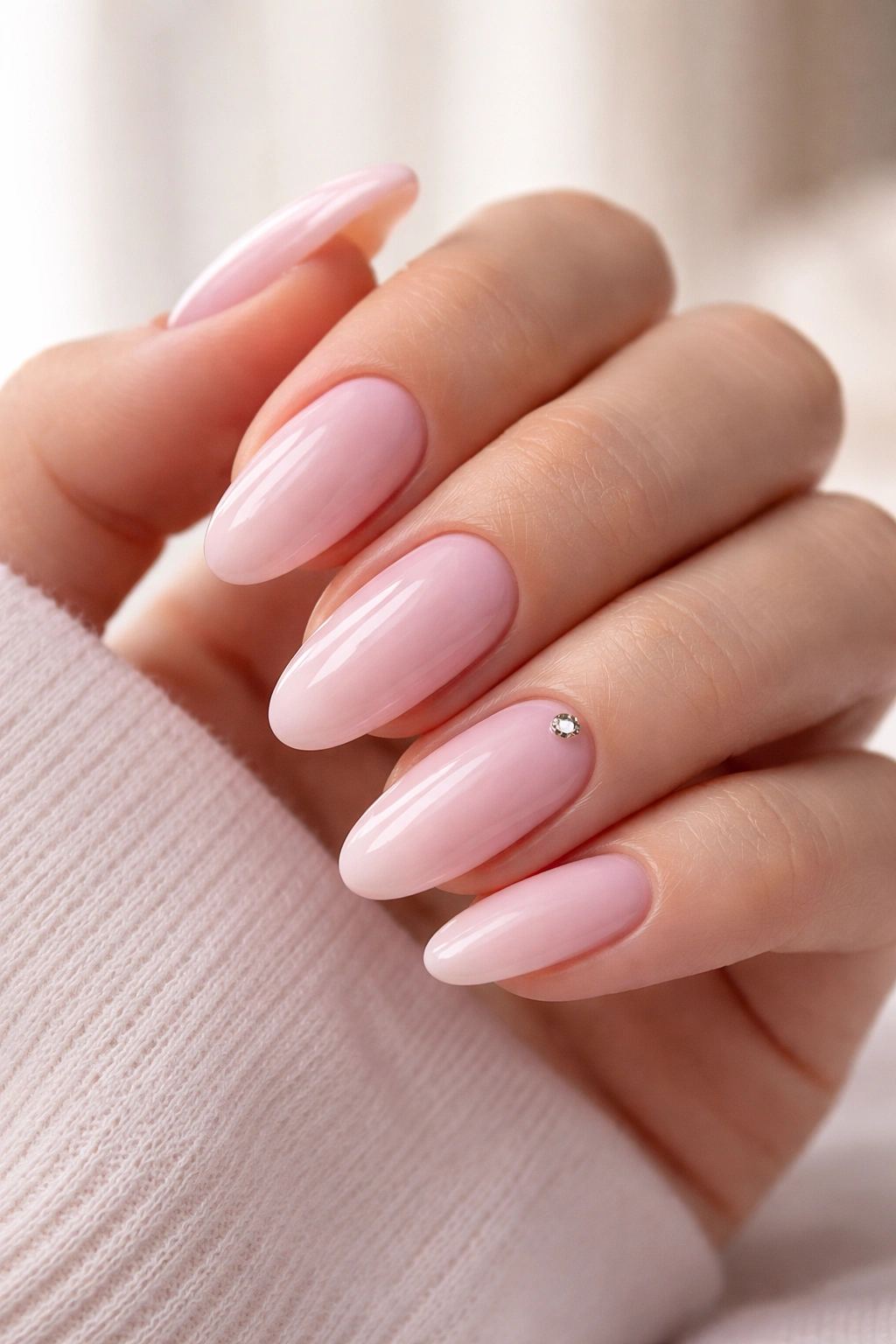 Hand with baby pink almond nails and a rhinestone accent