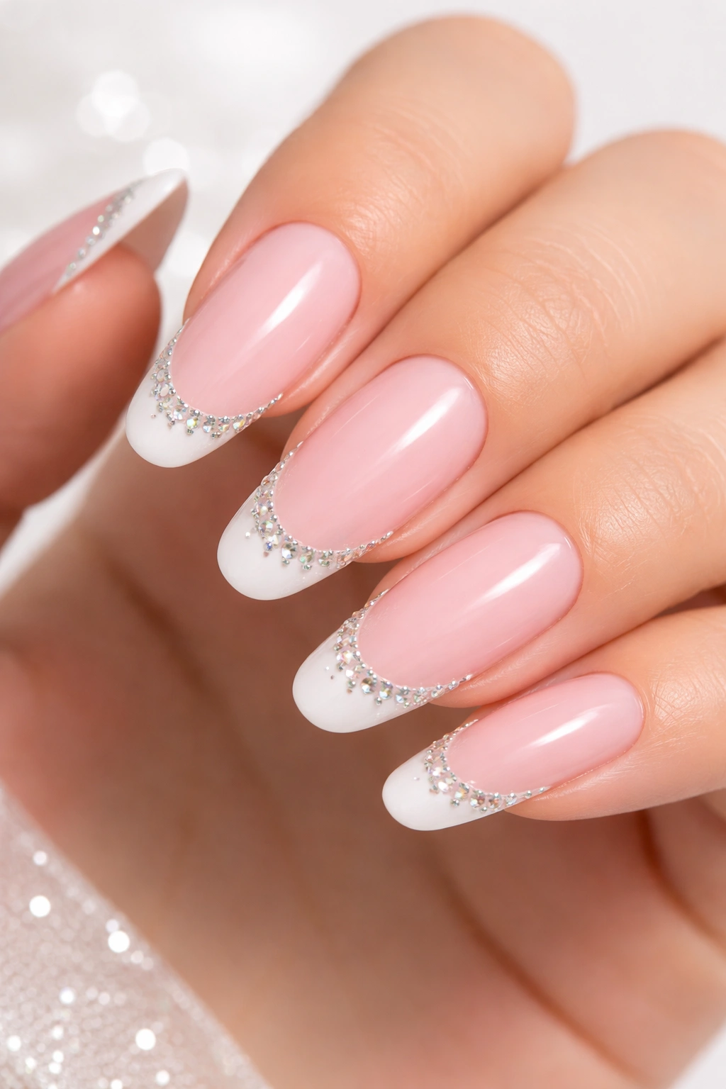 Close-up of baby pink nails with rhinestone-studded tips on a hand under studio lighting