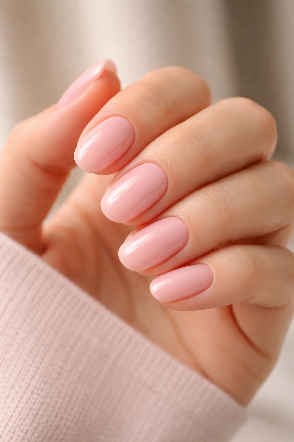 Close-up of a hand with baby pink short oval nails and glossy finish