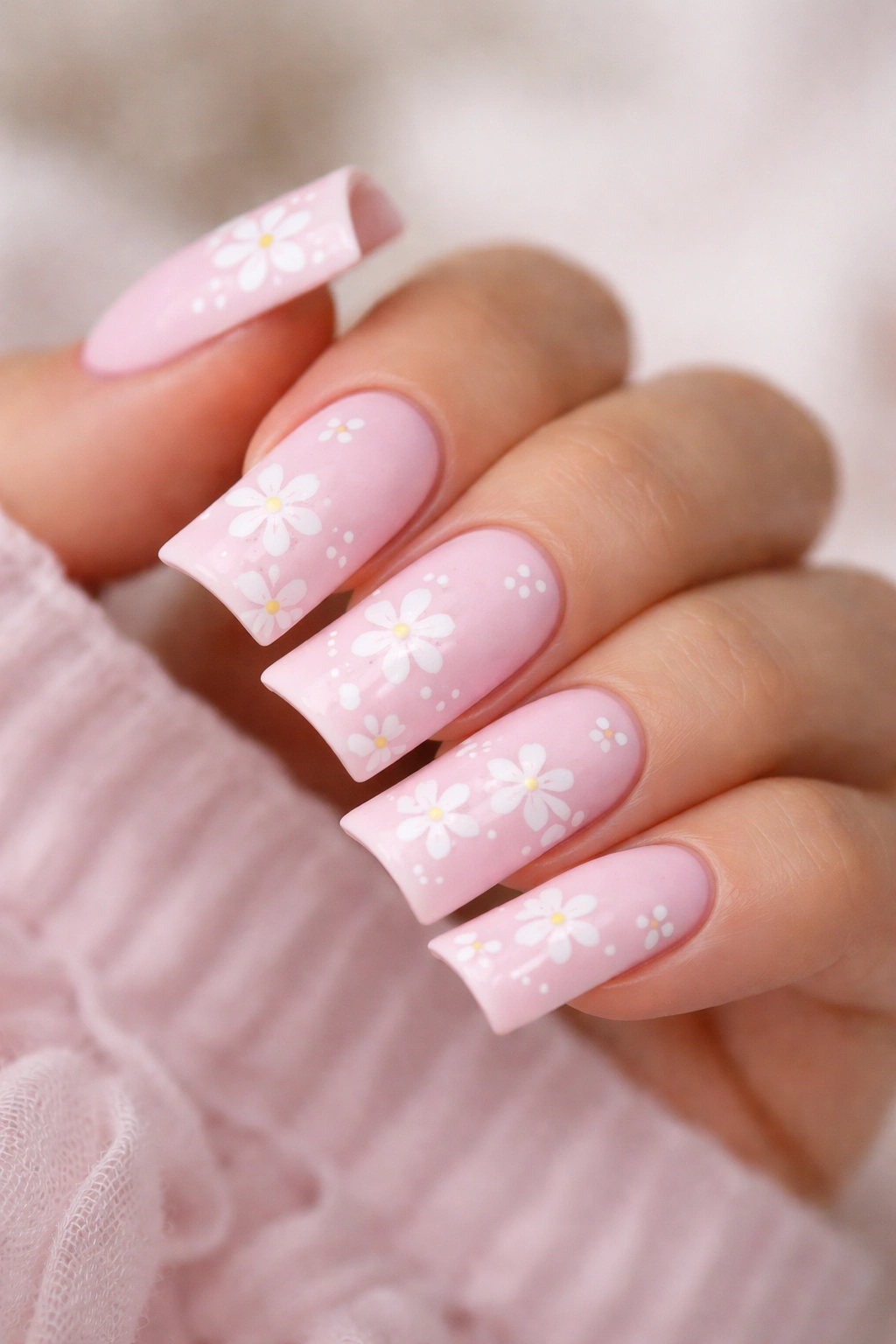 Close-up of baby pink duck nails with white floral accents