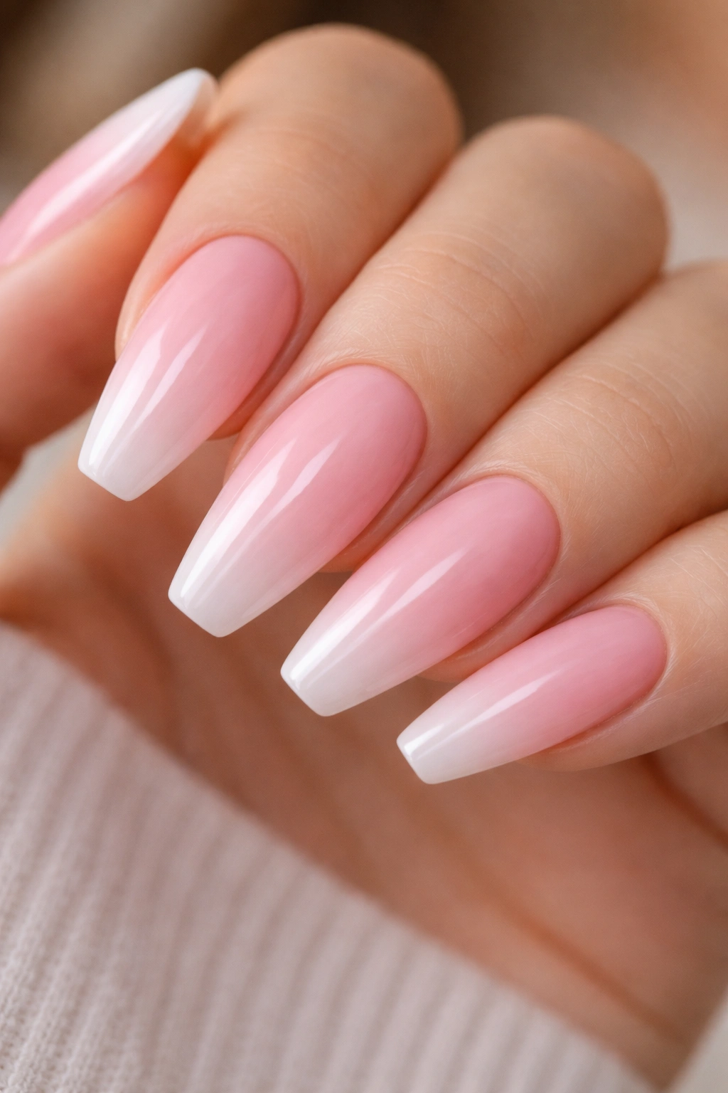 Baby pink ombre on ballerina nails with soft gradient from mid-nail to tip