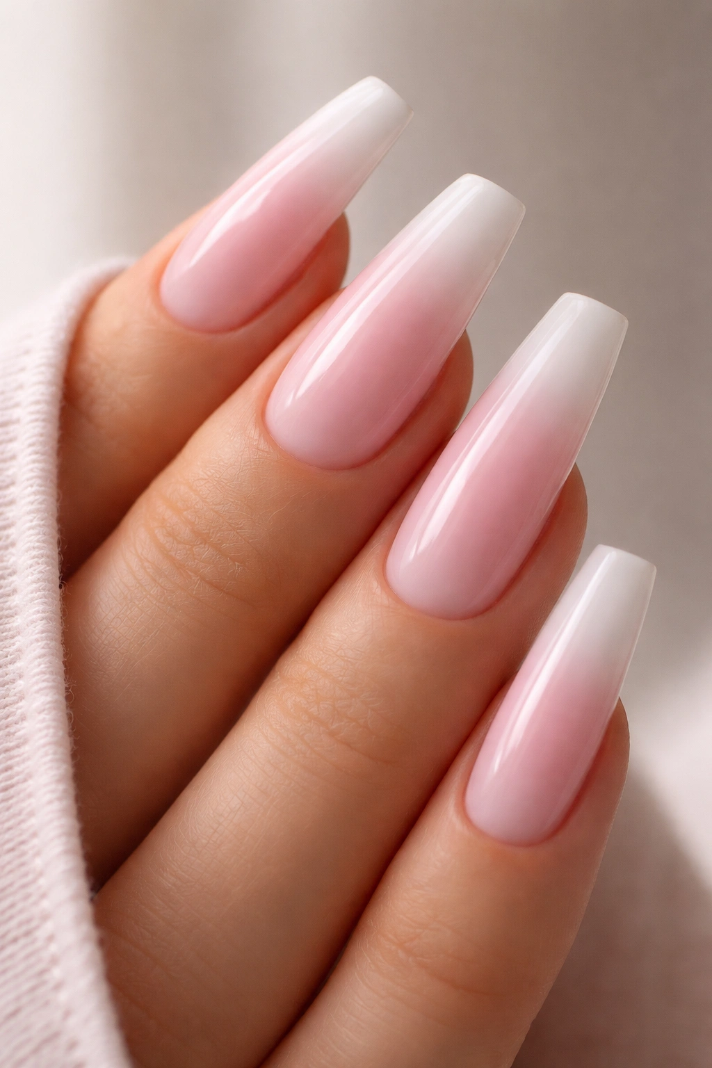 Baby pink to milky white ombre on ballerina nails with soft gradient