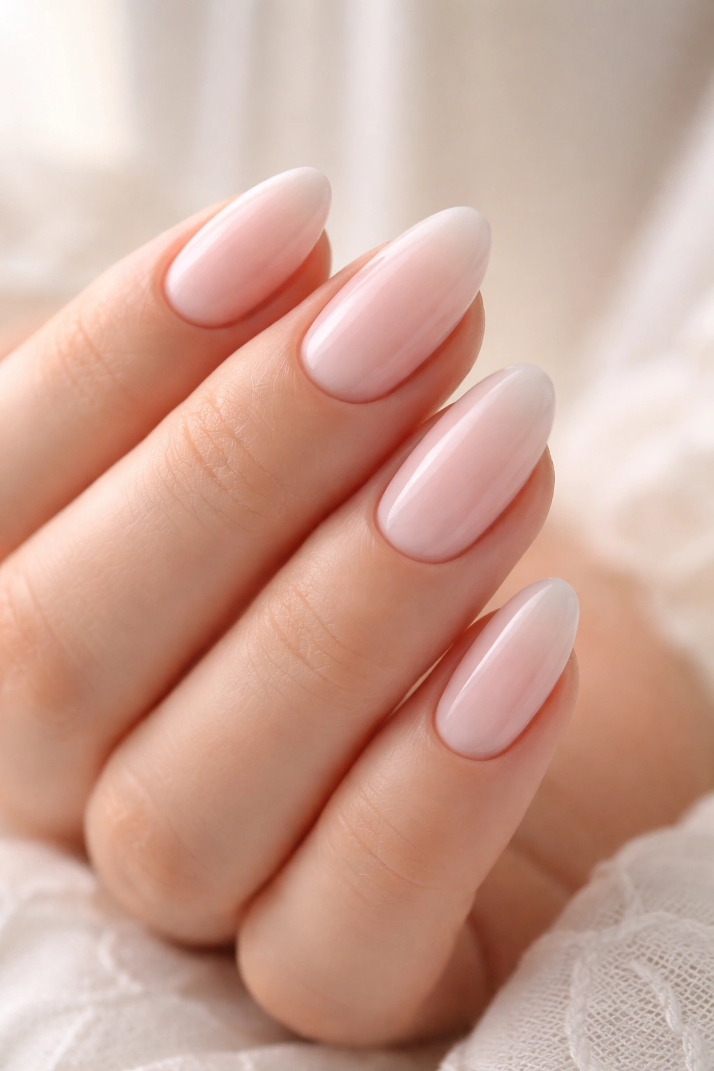 Close-up of short almond nails with baby pink ombre and milky tip