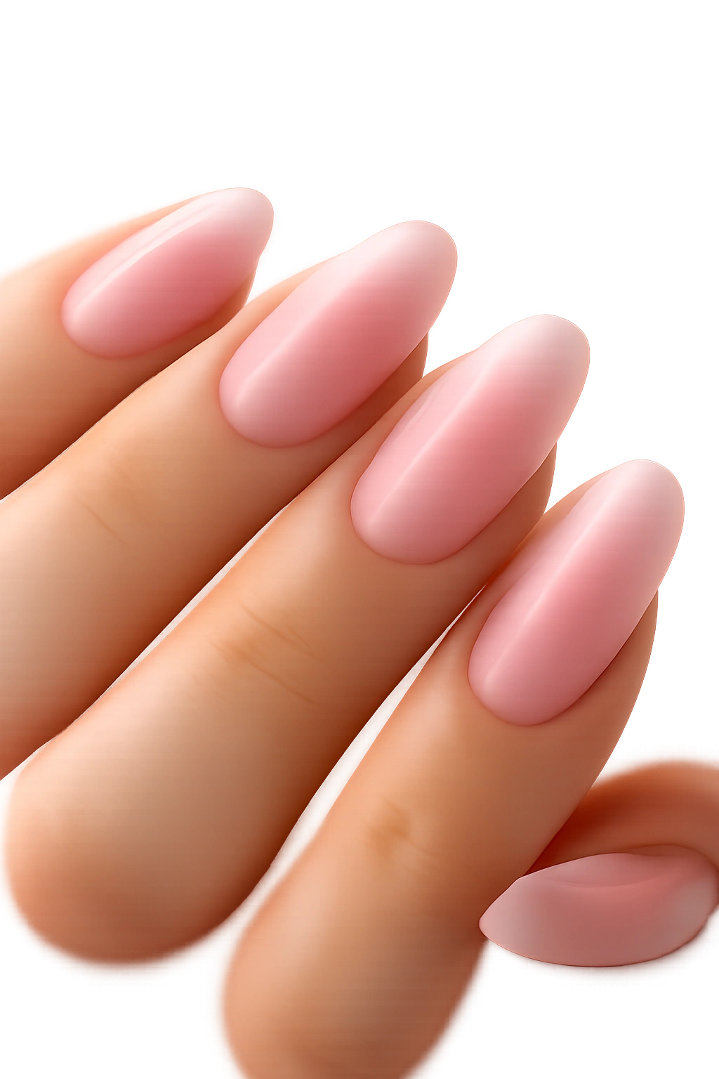 Close-up of long oval nails with baby pink and transparent fade