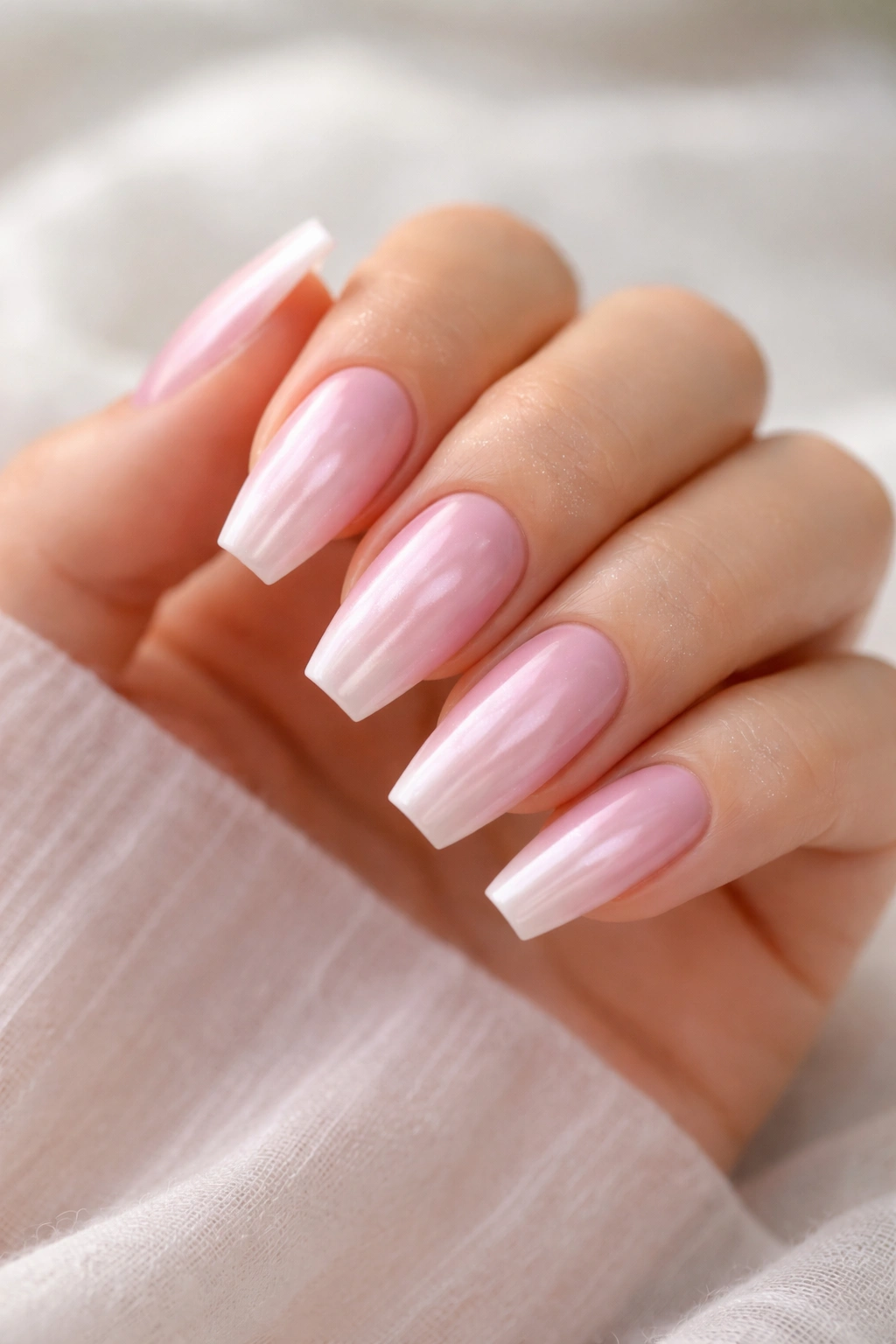 Baby pink pearl ballerina nails with faded aura center