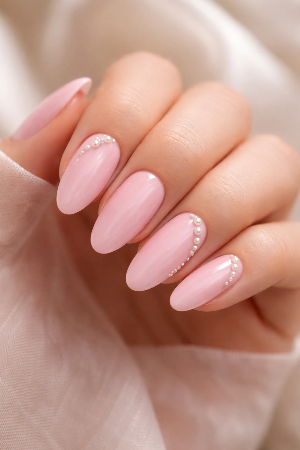 Baby pink nails on long ovals with tiny pearl accents.