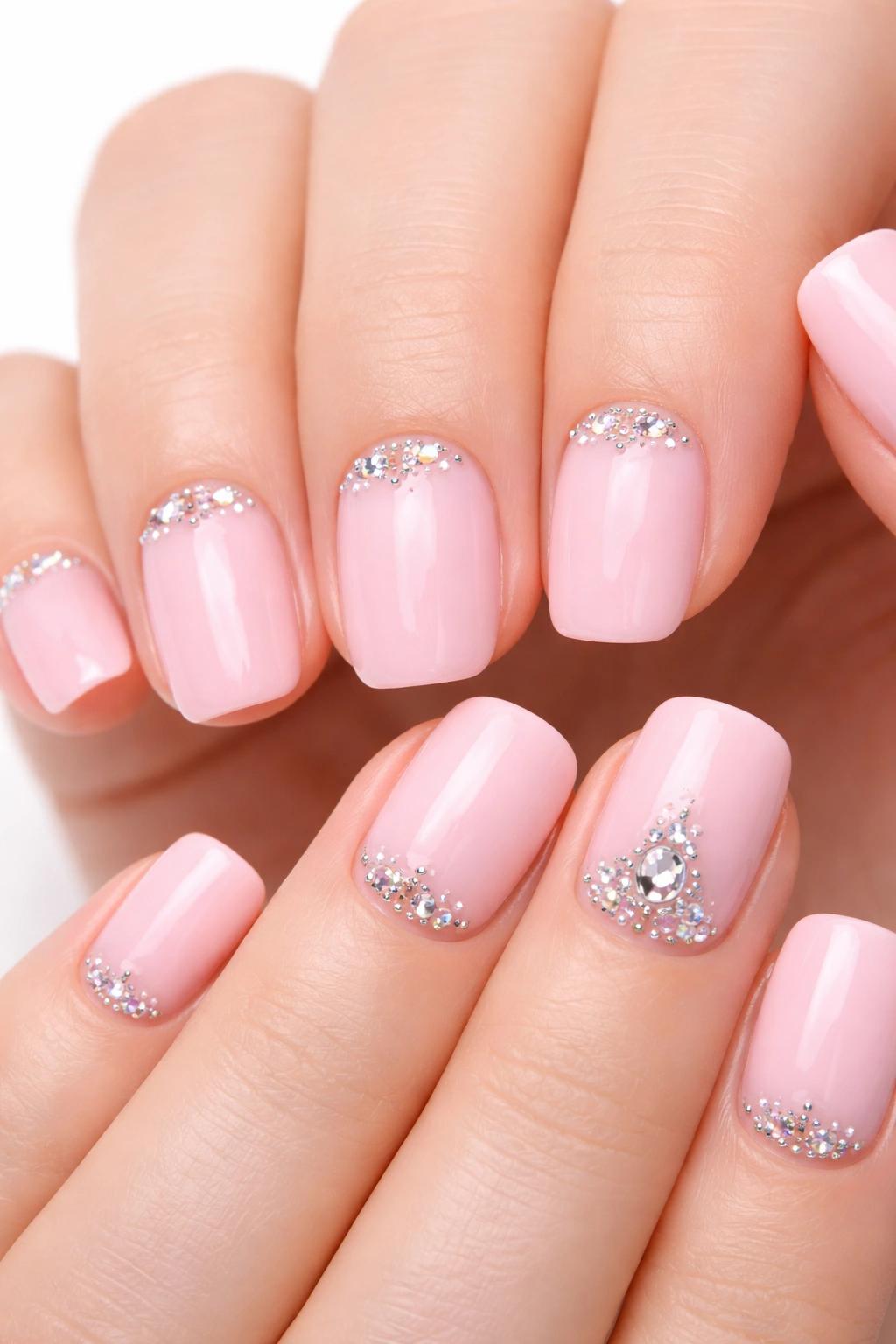 Close-up of baby pink nails with small rhinestones near the cuticle and one accent nail with a larger gem.