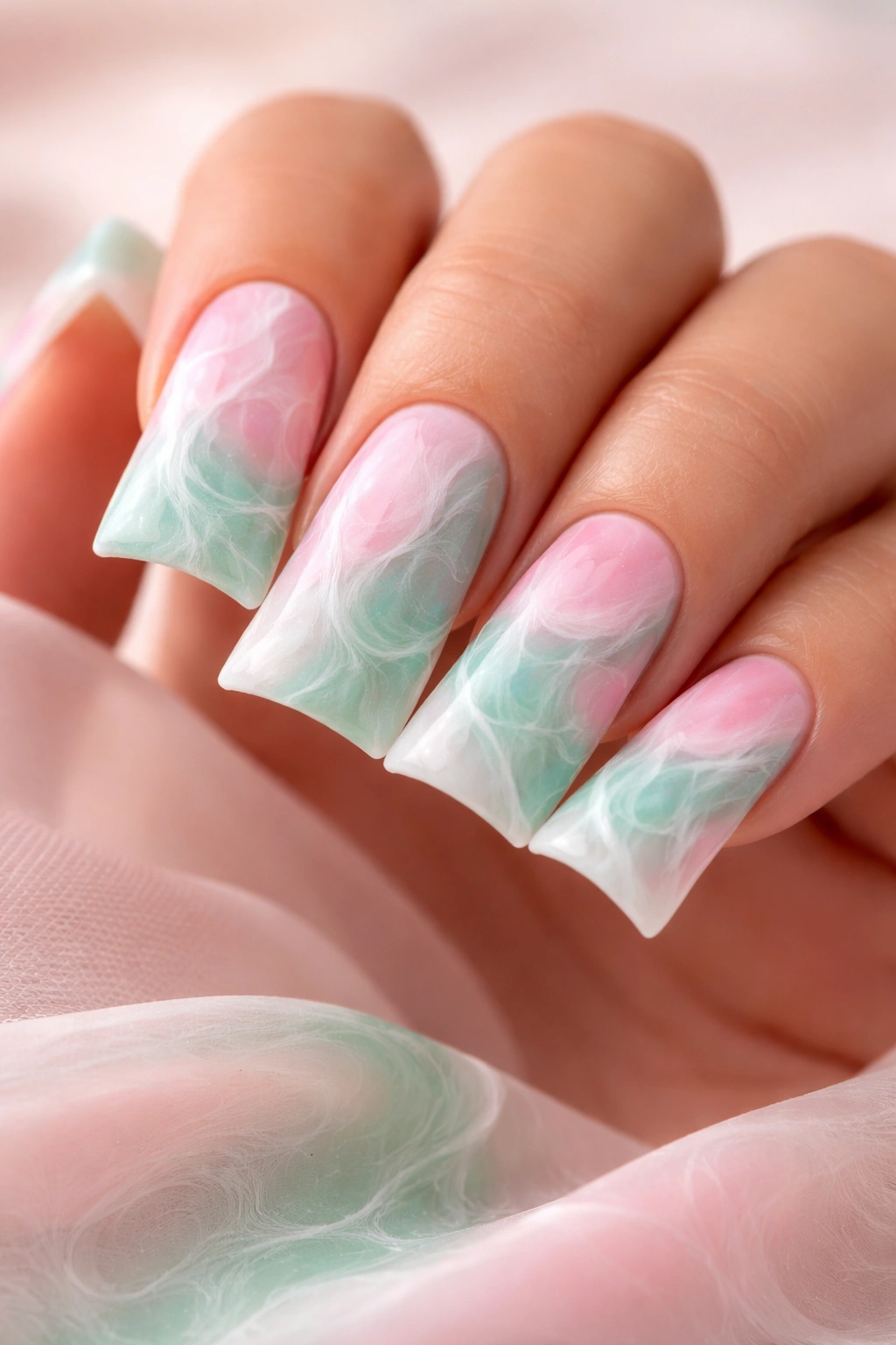 Duck nails with pink and seafoam green marble design