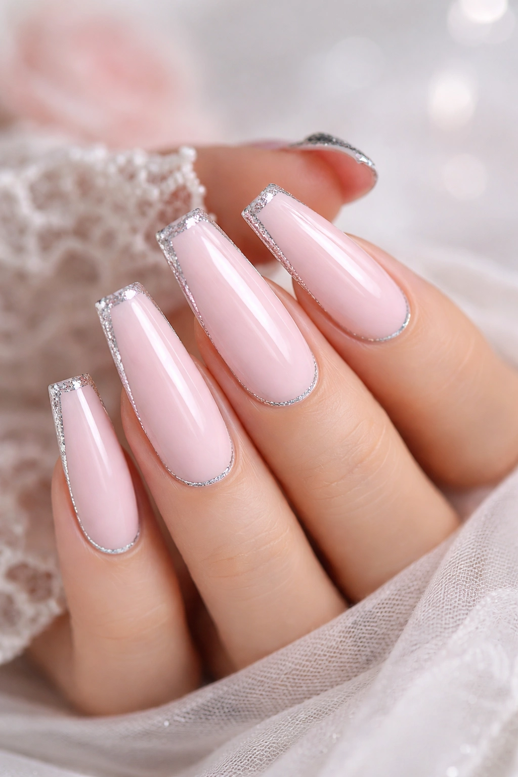 Close-up of long coffin nails in baby pink with silver accents