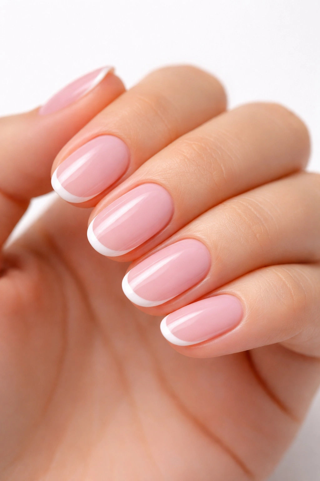 Short oval nails with pale pink base and tiny white tips