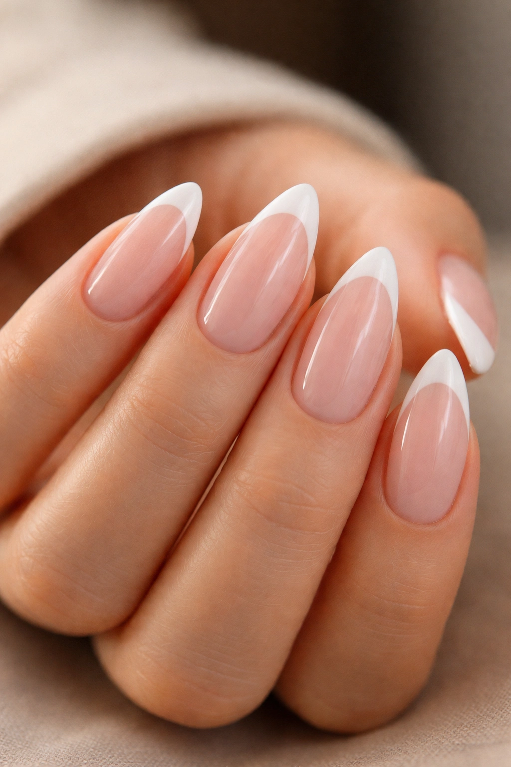 Close-up of almond nails with sheer pink base and white French tips on hand