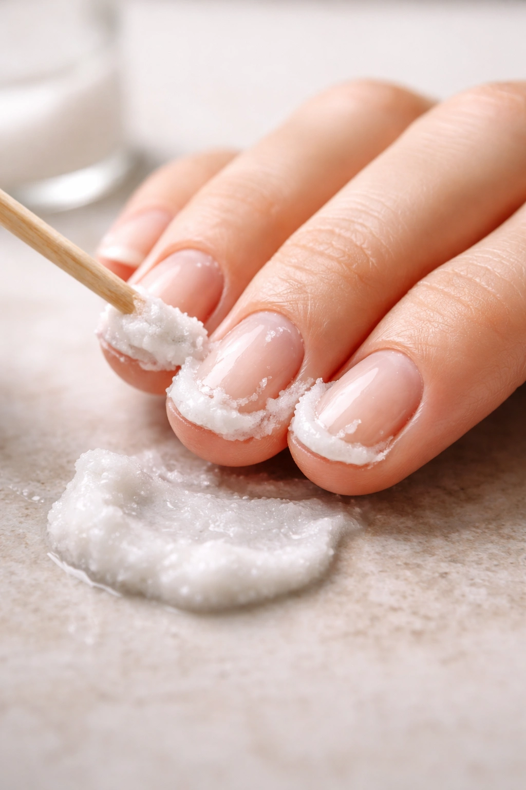 Close-up of hand with white baking soda paste under nails for whitening