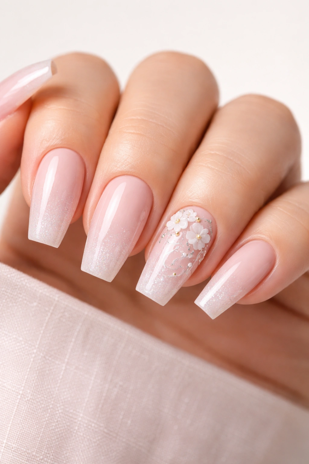 Close-up of ballerina coffin nails with squared tip