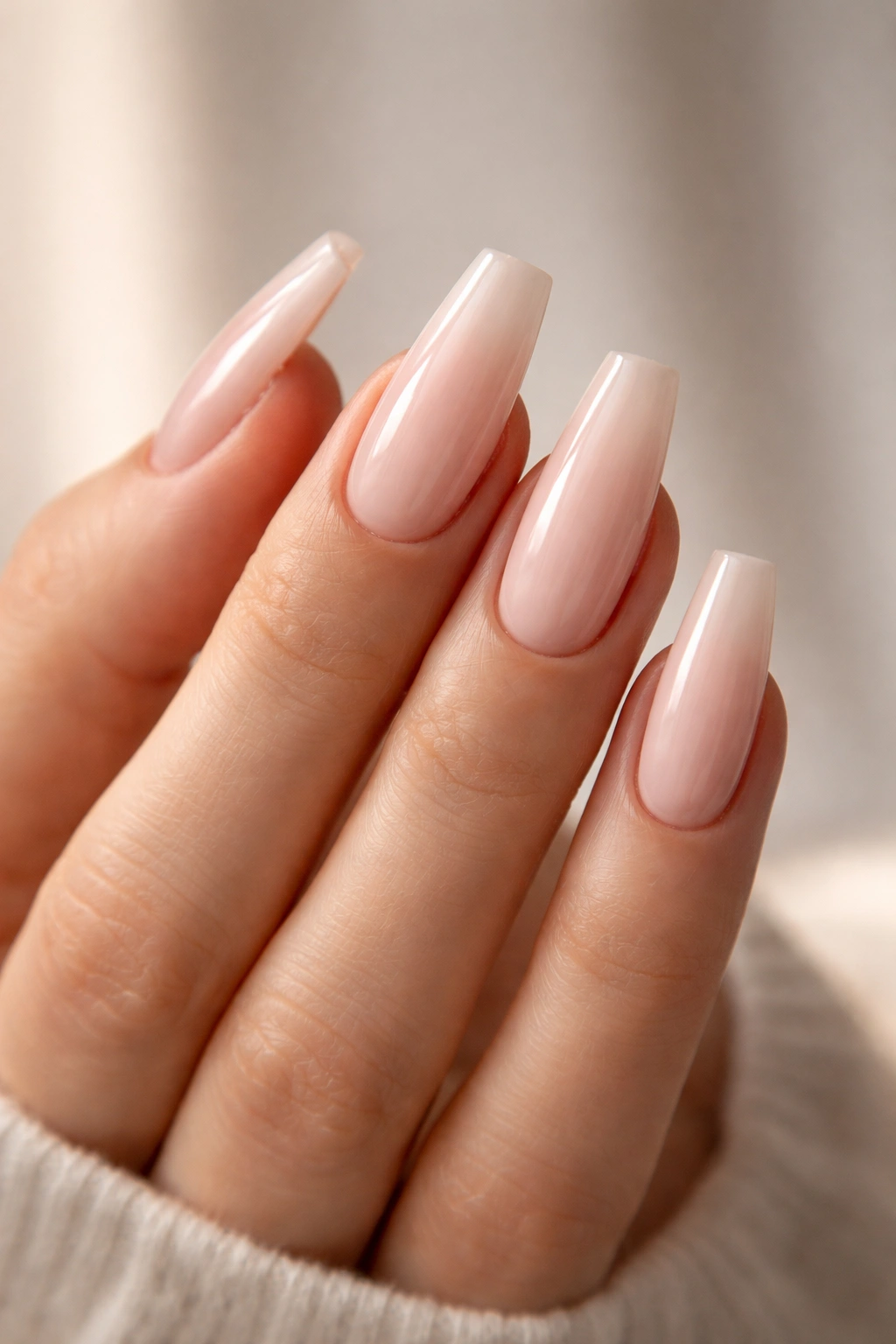 Close-up of ballerina nails with flat tips and tapered sides differentiating from almond and square shapes