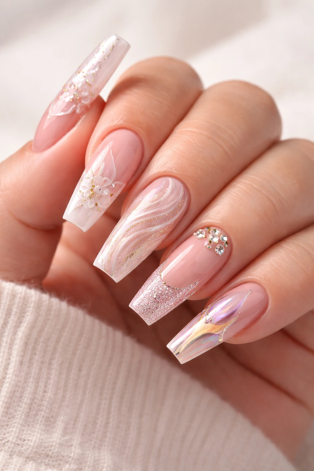 Close-up of ballerina nails with a squared tip showing nail art on the flat surface