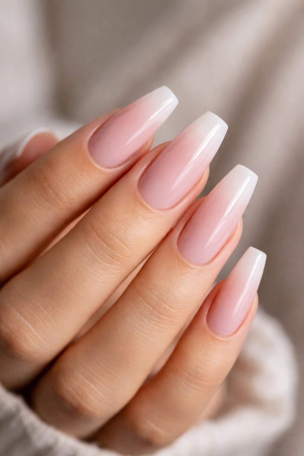 Close-up of ballerina nails with soft tapered tips and flat ends for a polished birthday manicure