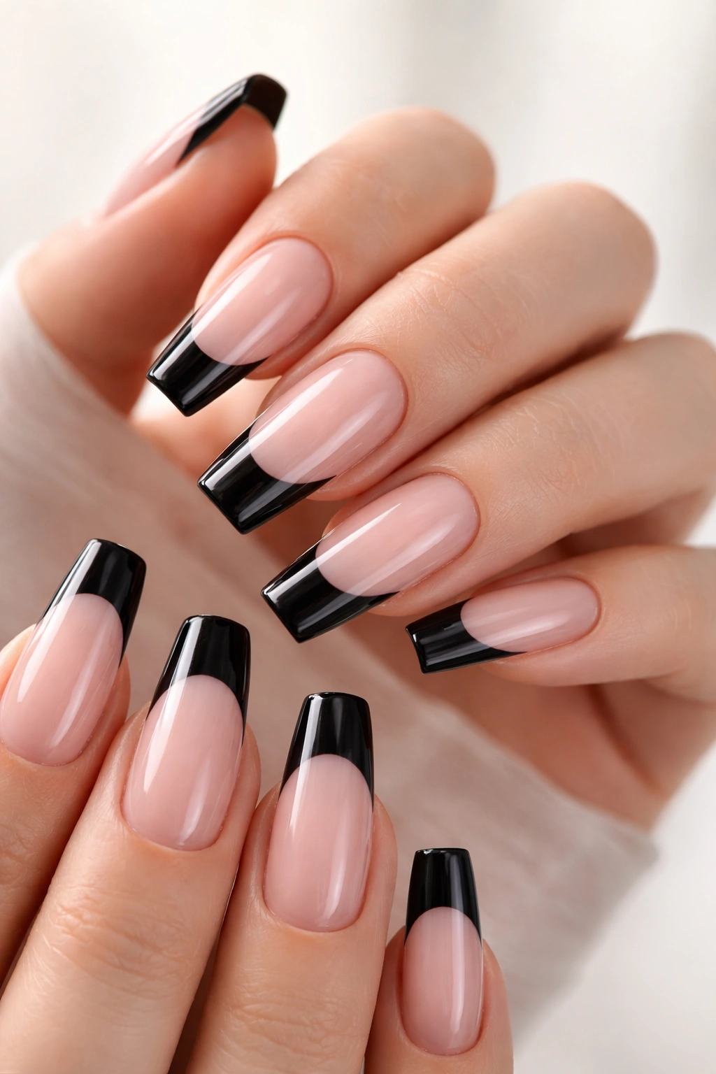Close-up of ballerina nails with crisp black tips and squared edges.