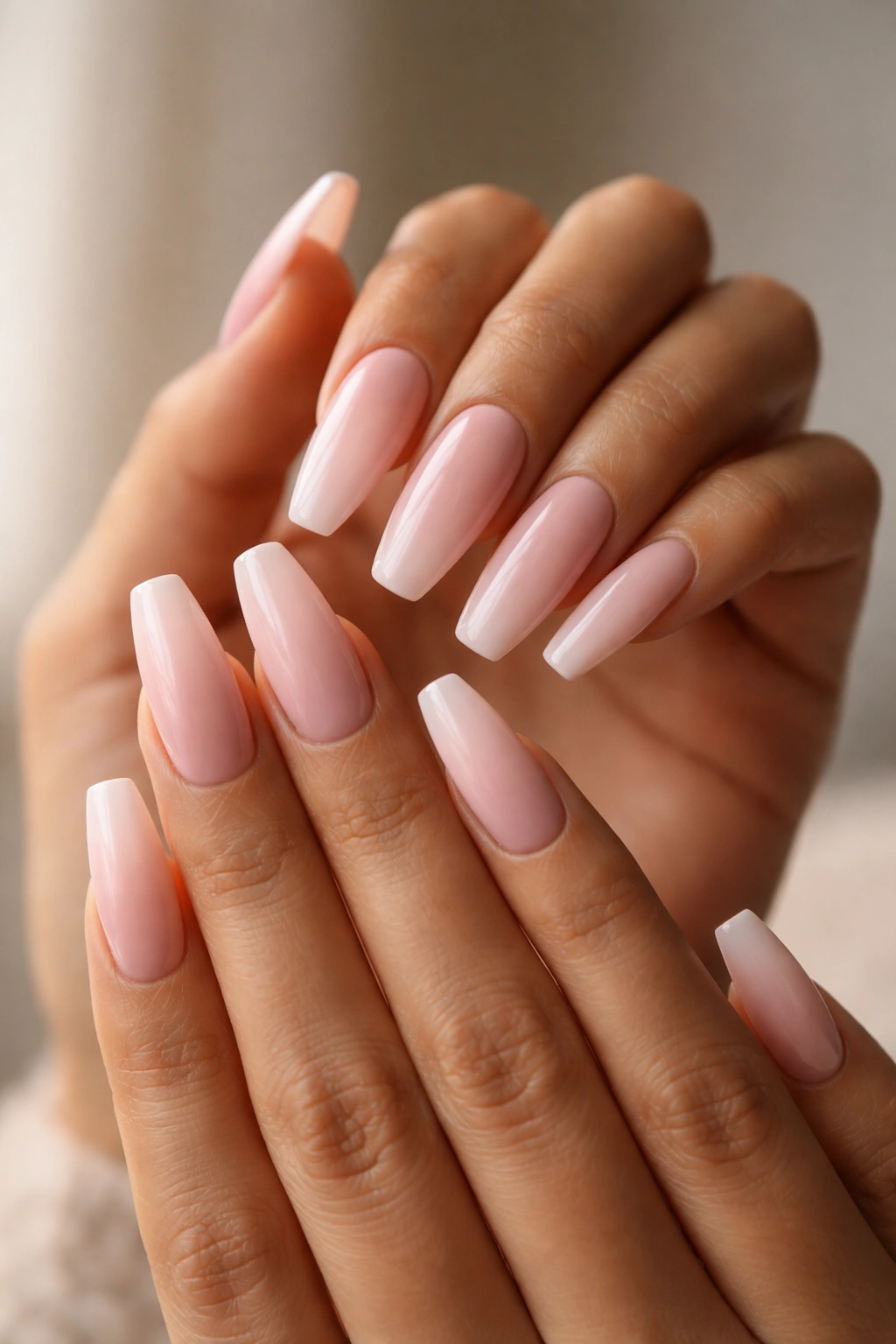Close-up of ballerina-shaped nails painted in blush tones on warm skin.