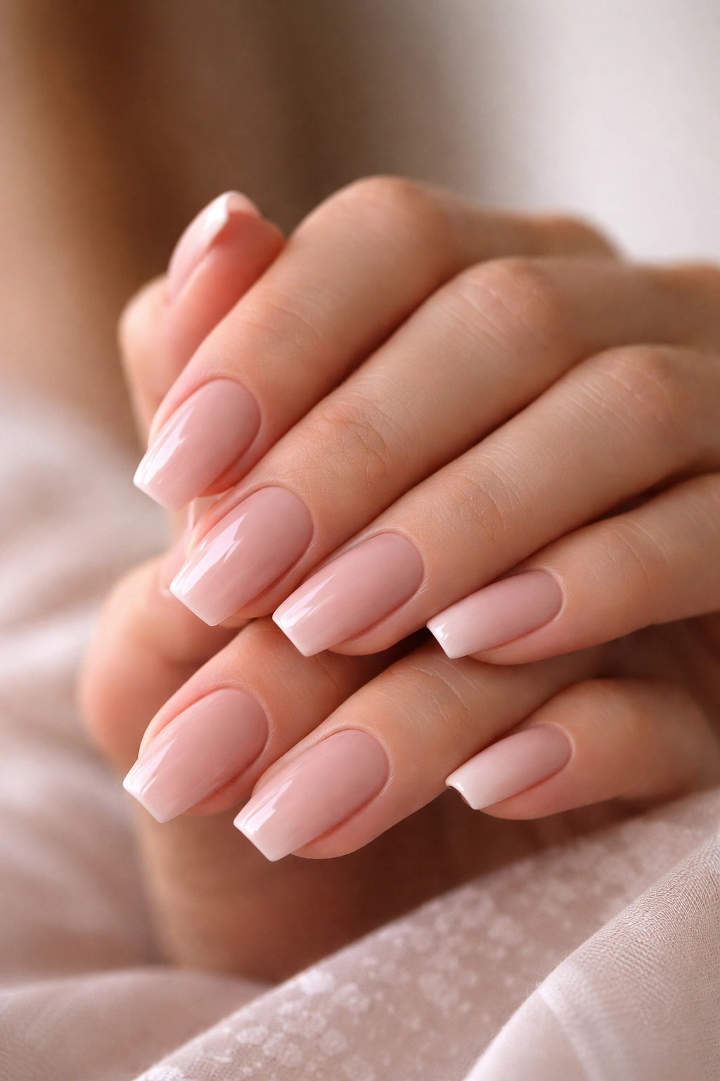 Close-up of hands showing ballerina nails with a nude-pink glossy finish