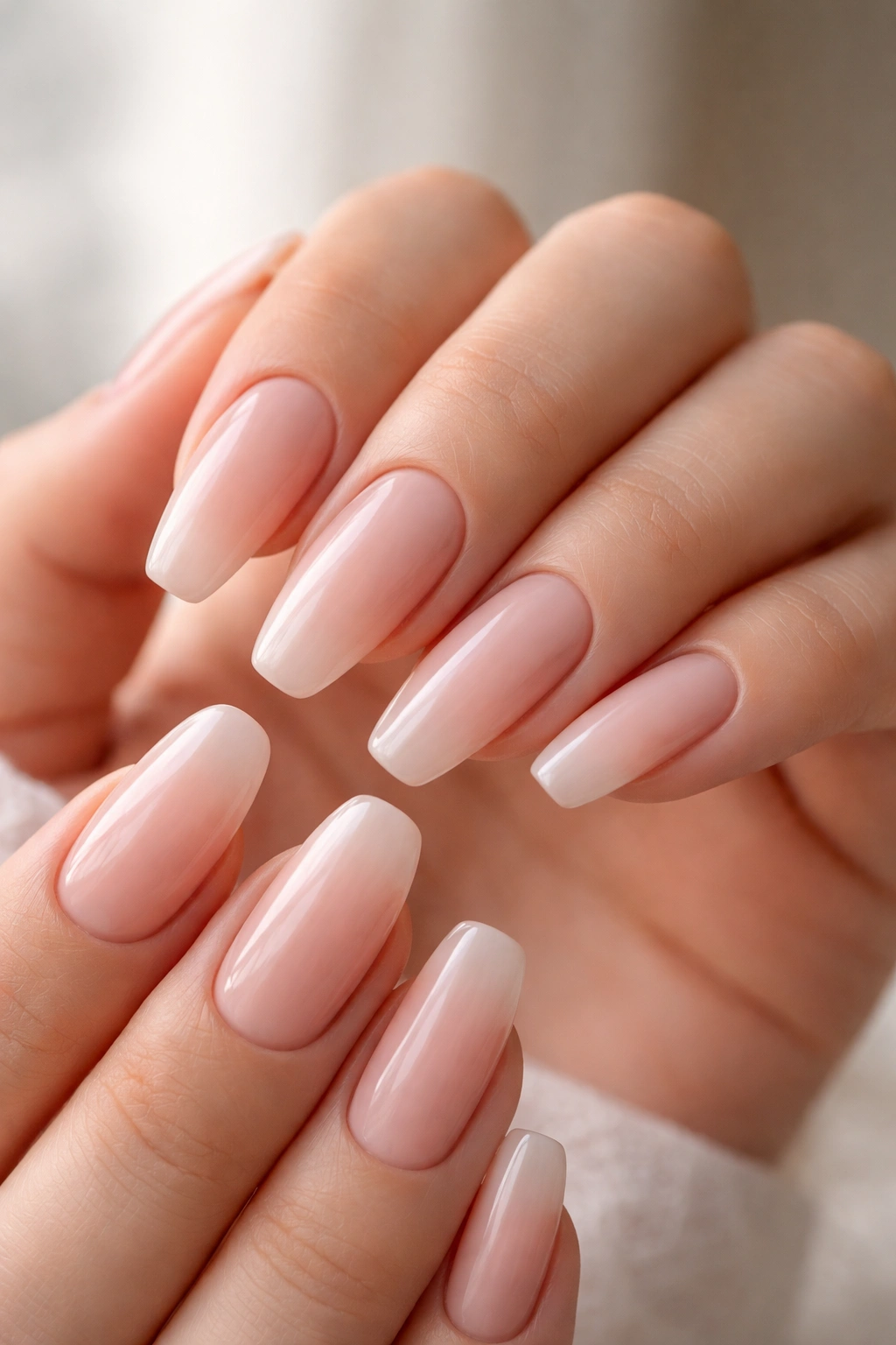 Close-up of hands with medium-length ballerina nails extending 4-8 mm beyond fingertips