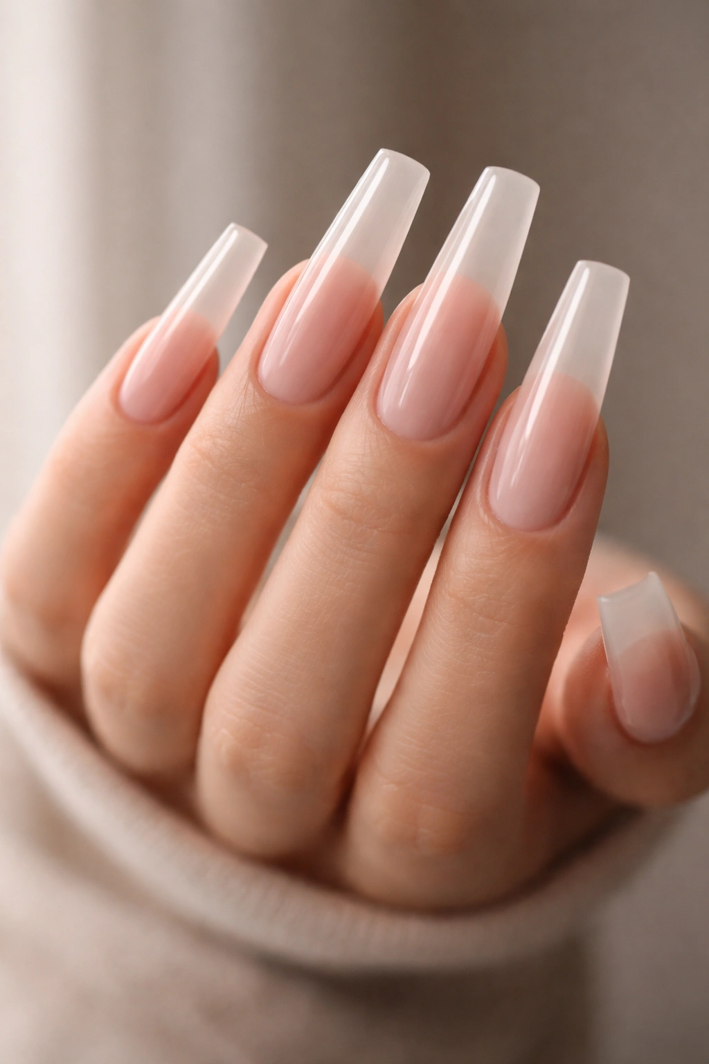 Close-up of bare hand showing balanced ultra-long ballerina nails with flat tips and tapered sides.