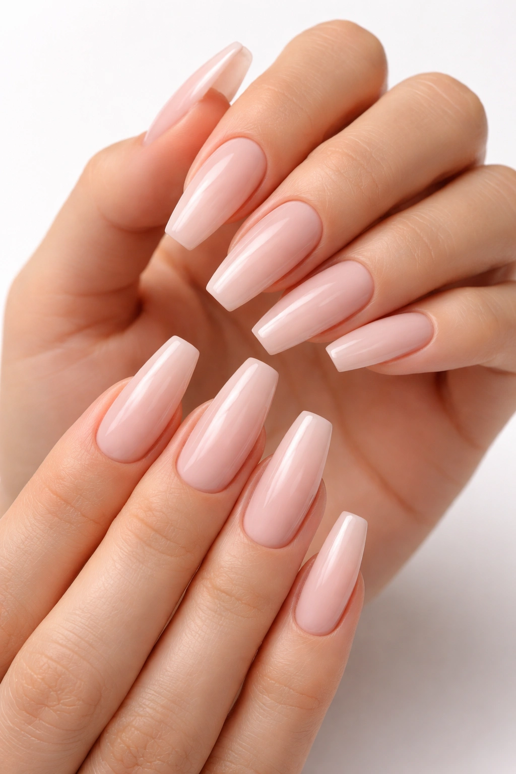 Close-up of hands showing ballerina-shaped nails with tapered sides and squared tips