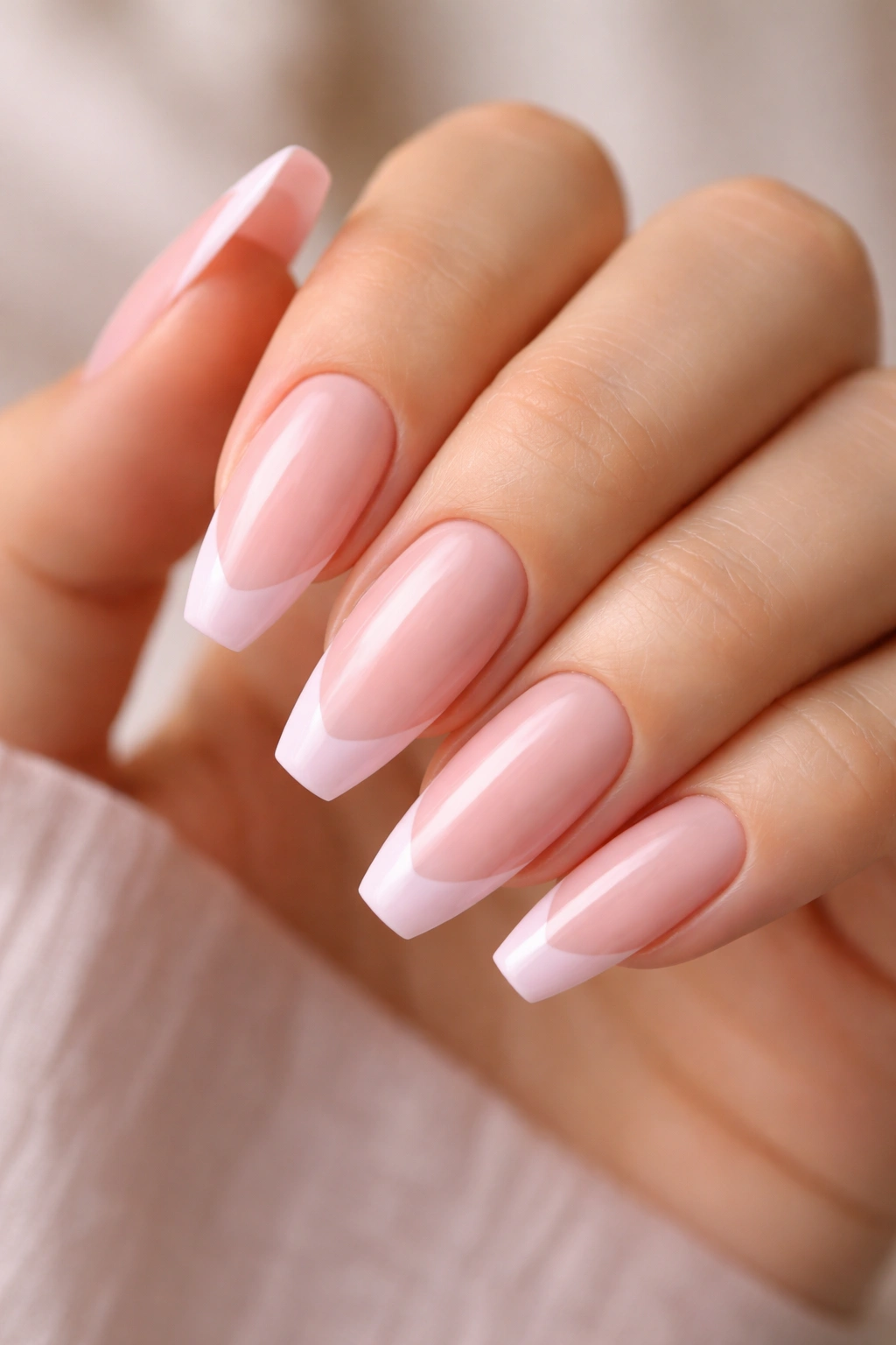 Close-up of ballerina-shaped nails with soft pink French tips.