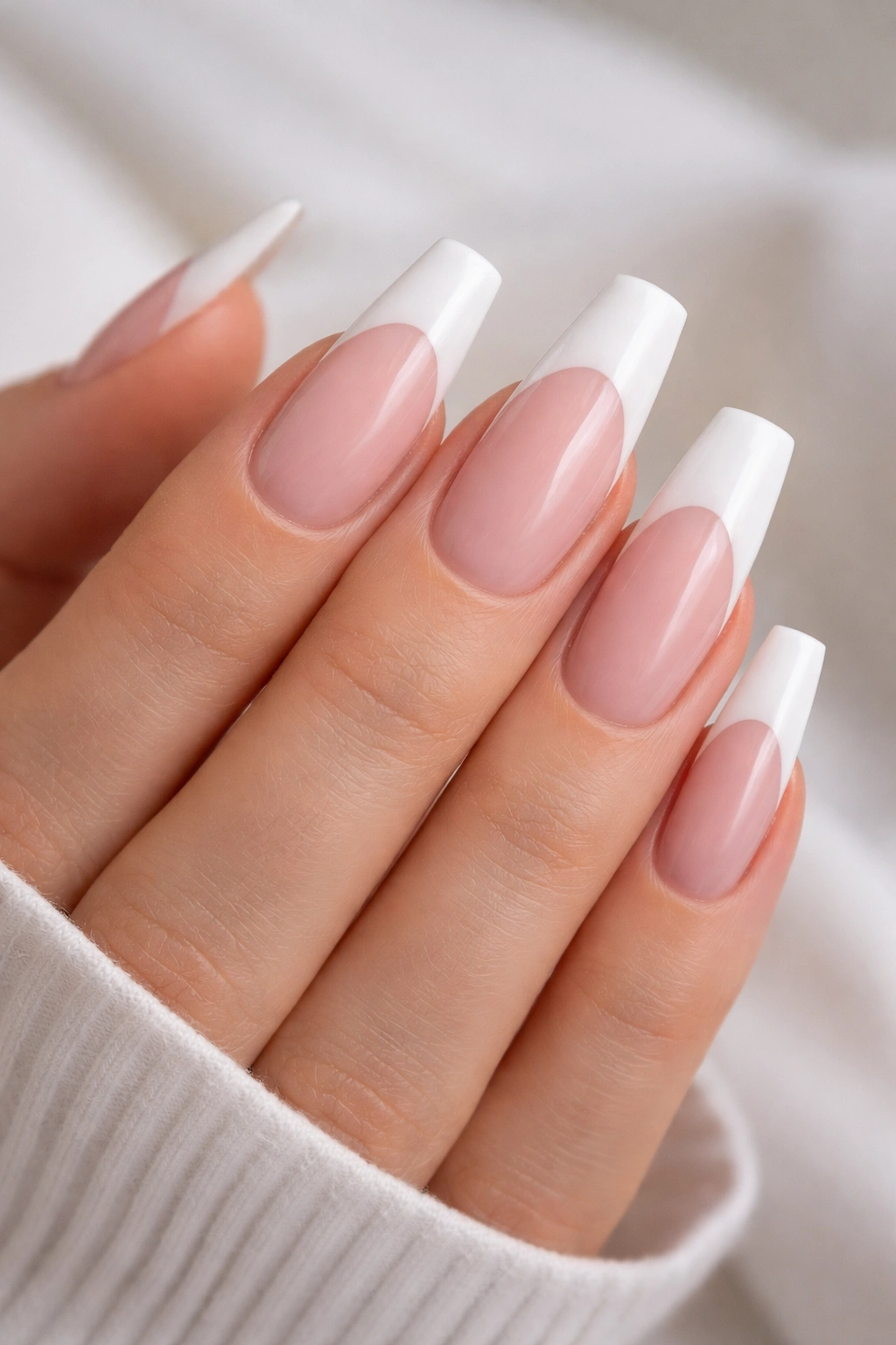 Close-up of hands with elongated ballerina nails featuring sheer pink base and white tips