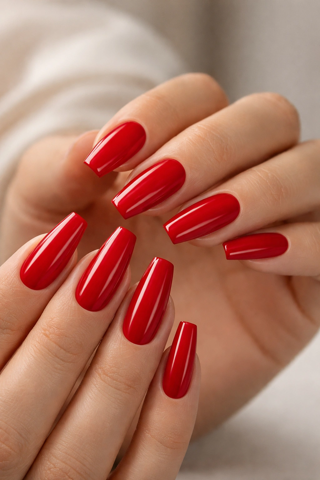Close-up of red ballerina nails with sharp, even edges
