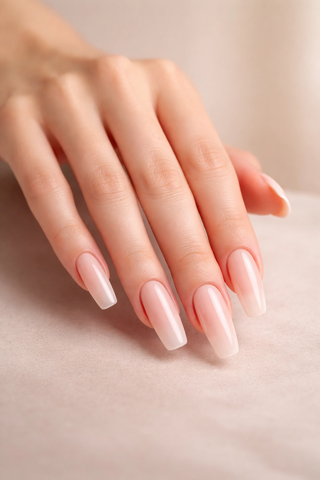 Close-up of a hand showing ballerina nails with tapered sides and flat tips on slim fingers