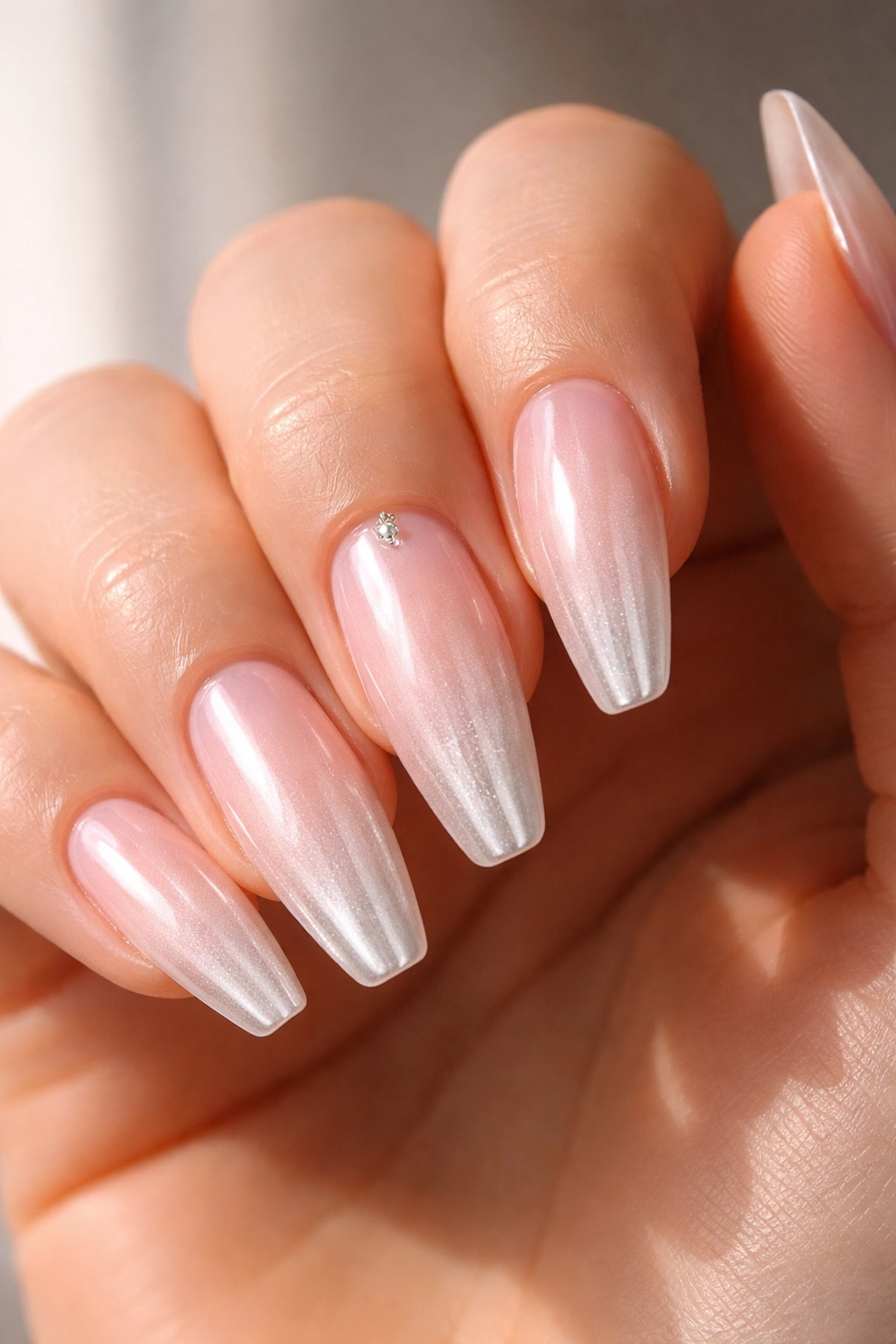 Close-up of a tapered ballerina nail with a glassy pearly frost finish and subtle chrome accent.