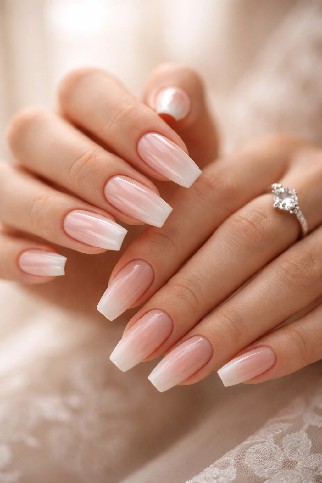 Close-up of hands showing ballerina nails with tapered sides and square tips