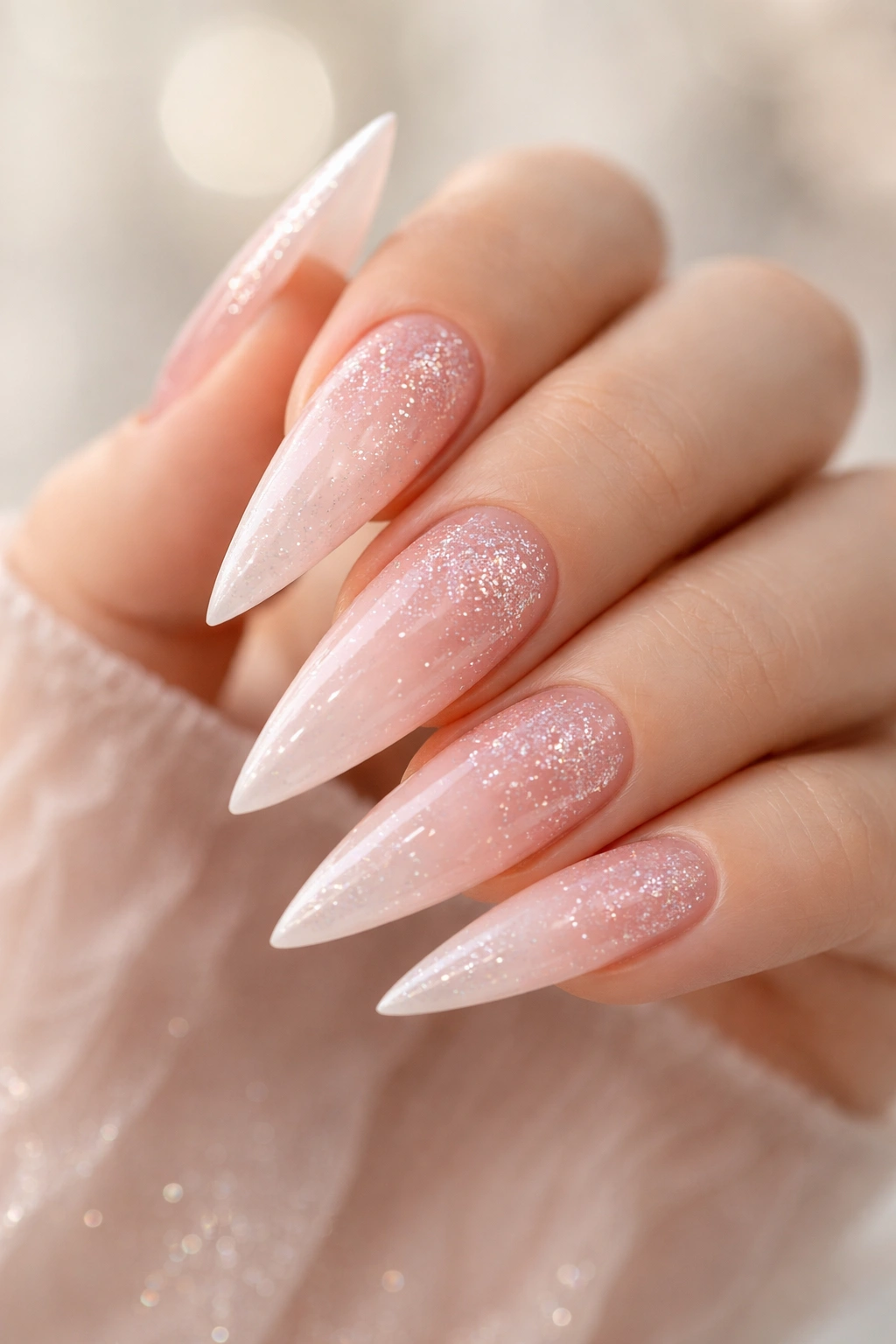 Ballerina pink stiletto nails with micro glitter gradient
