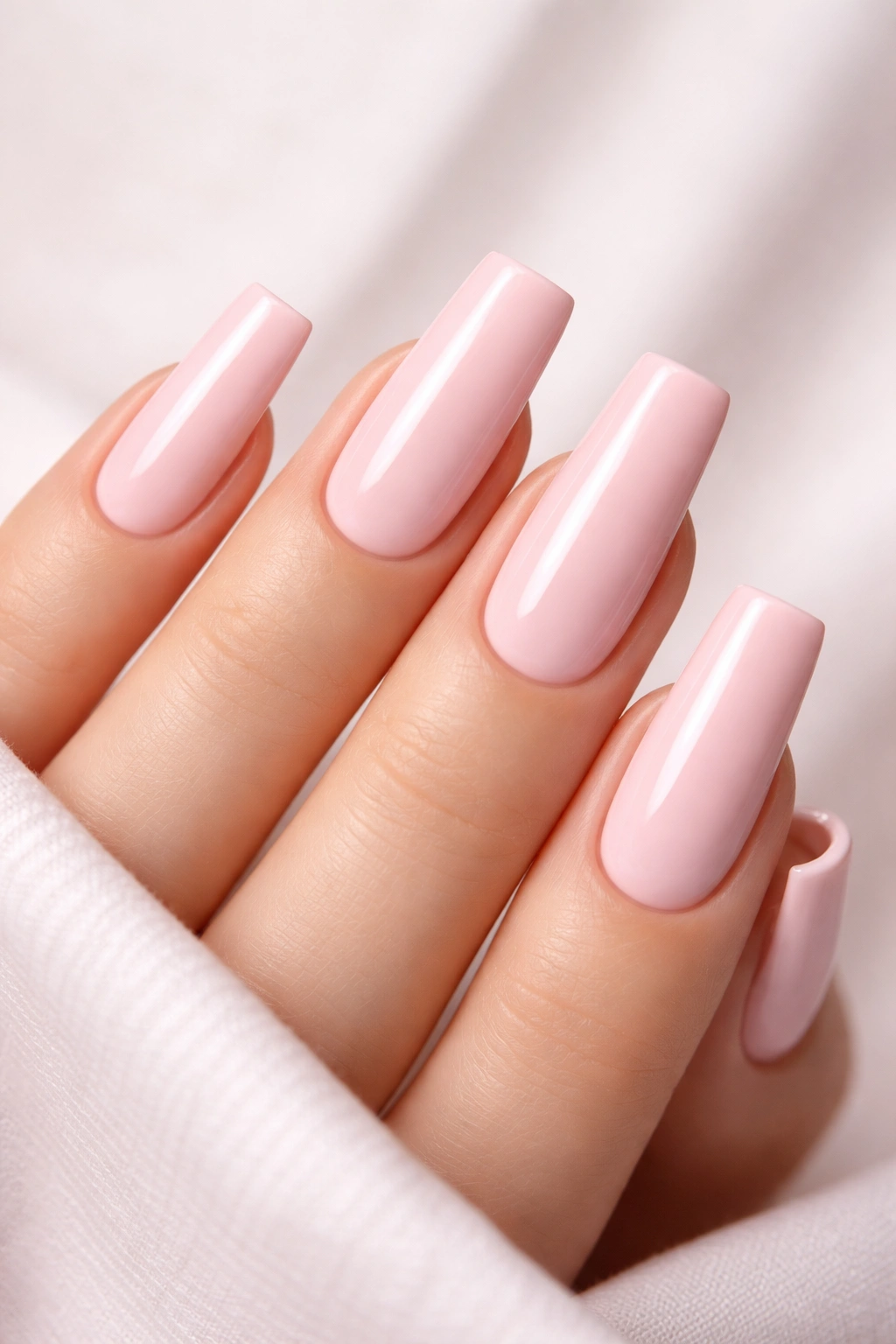 Close-up of slim square nails painted in ballet slipper pink