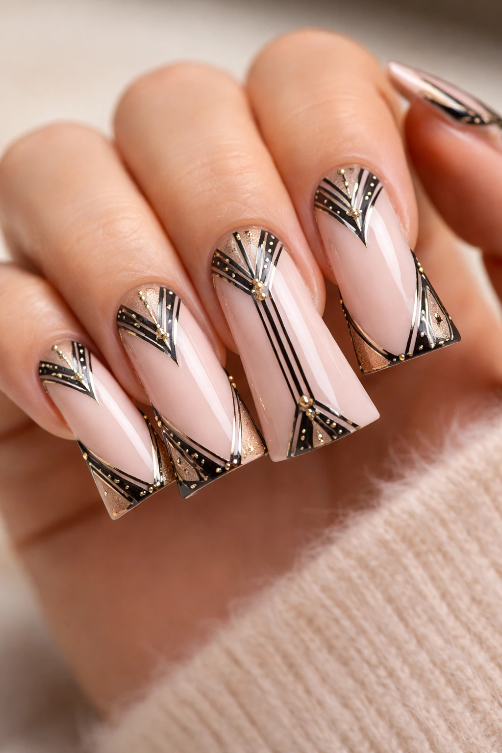 Close-up of a duck nail in ballet blush with Art Deco details