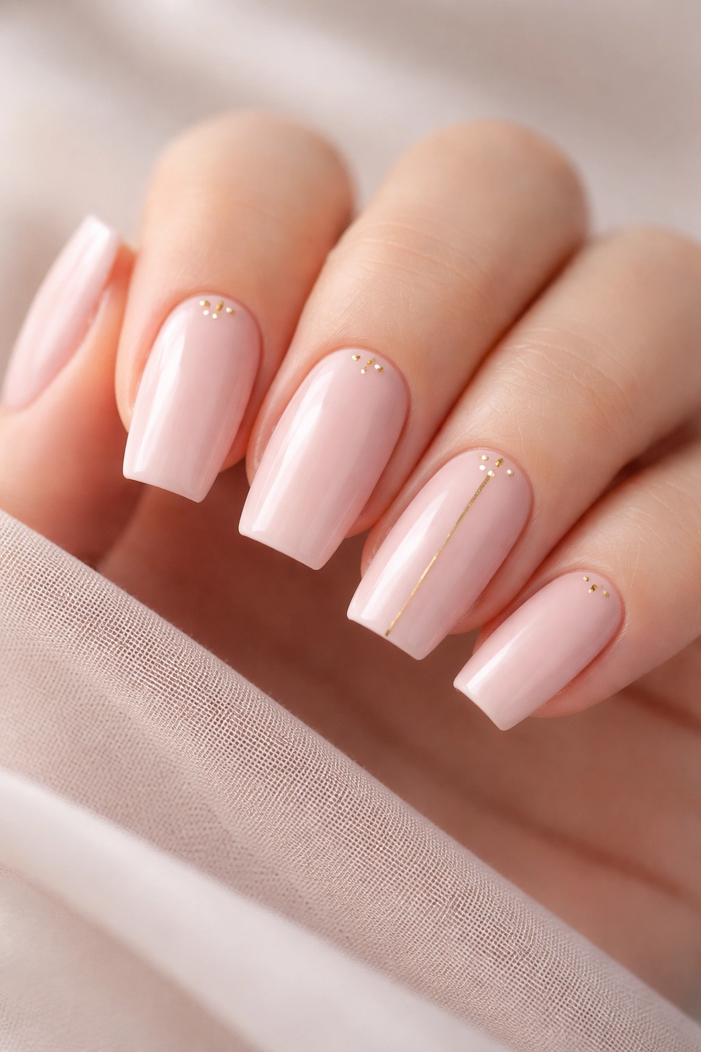 Close-up of ballet blush soft square nails with subtle gold accents