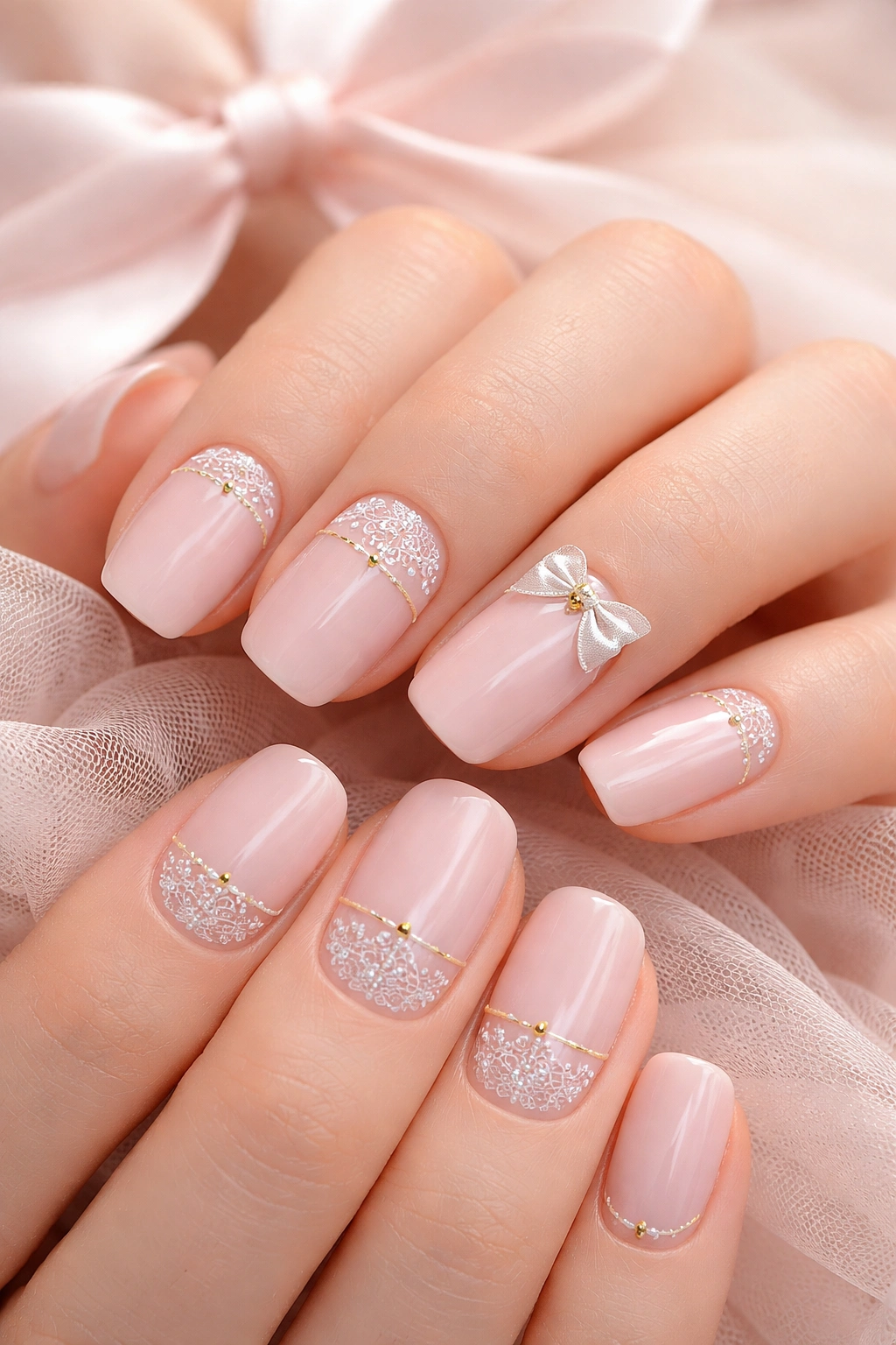 Close-up of short squoval nails with pale pink base and lace details