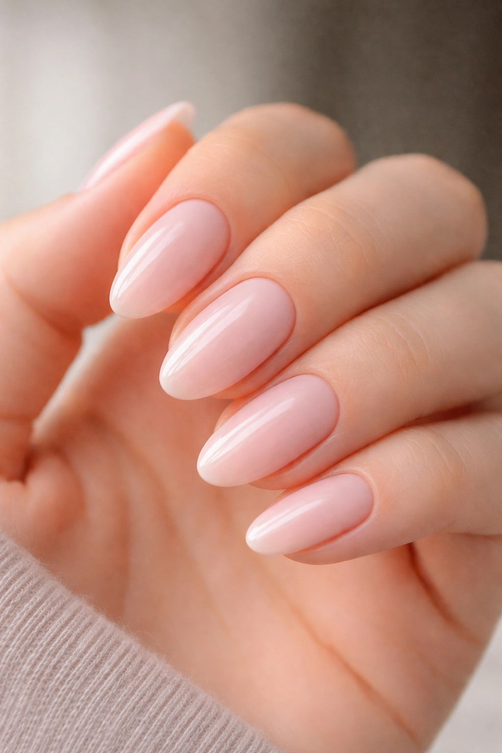 Close-up of cool ballet pink almond nails with creamy finish