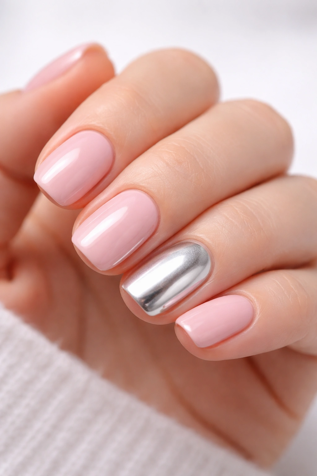 Close-up of ballet pink nails with chrome accent on one short squoval nail