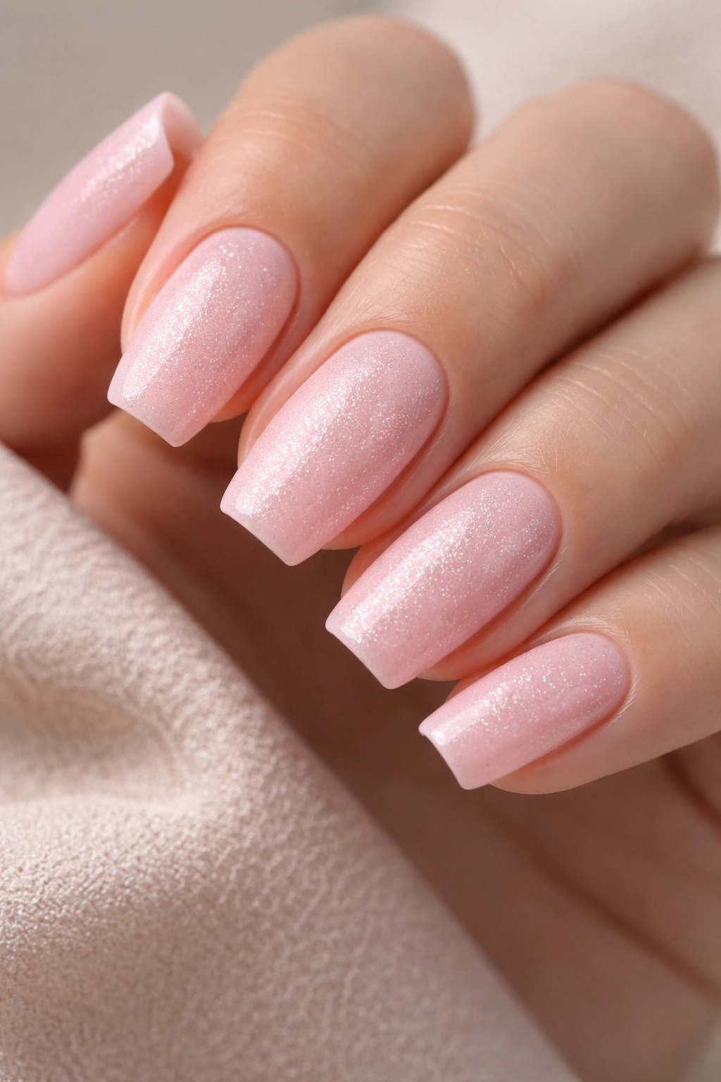 Ballet pink coffin nails with subtle texture and tiny pearl beads
